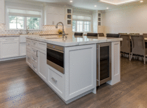 Kitchen island with fridge and sink