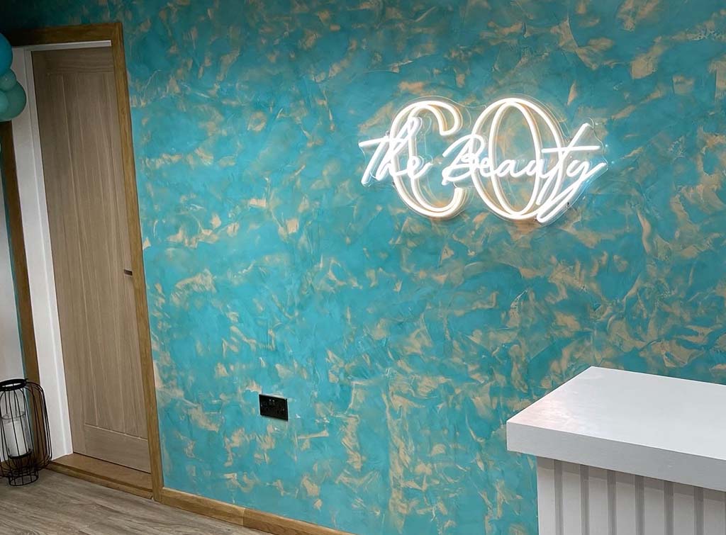 blue venetian plaster feature wall