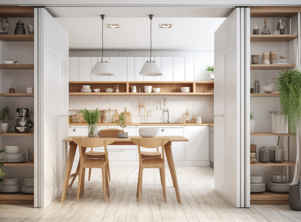 Room dividers in an open plan kitchen diner extension