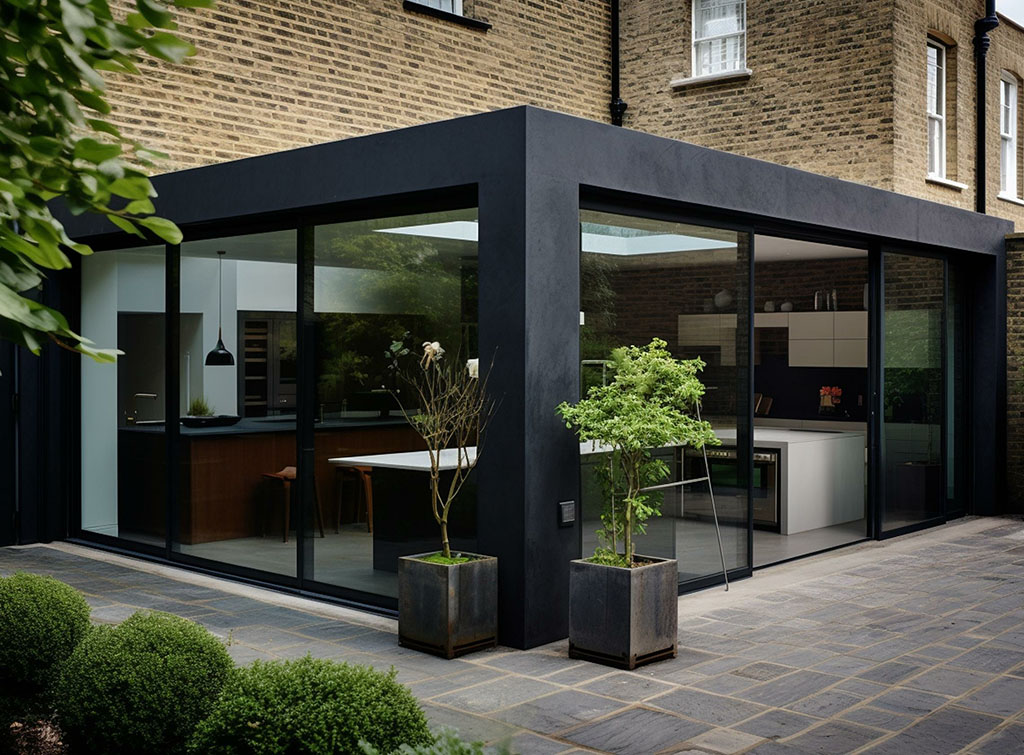 Glass box kitchen diner extension on traditional Victorian terrace property