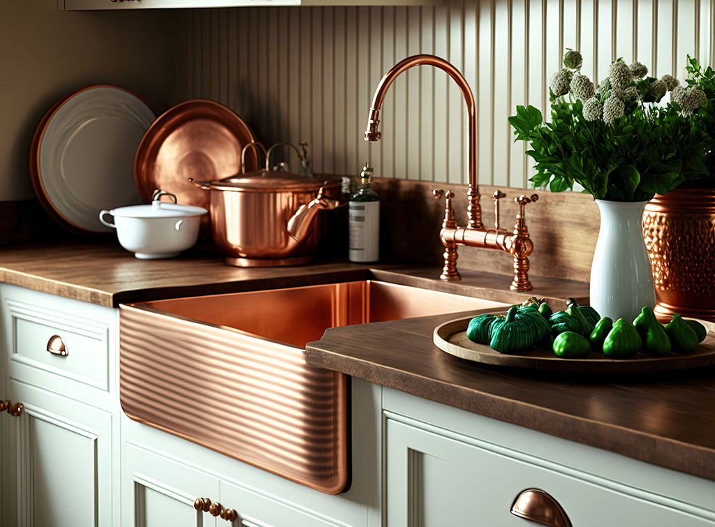Copper kitchen sink in rustic kitchen design