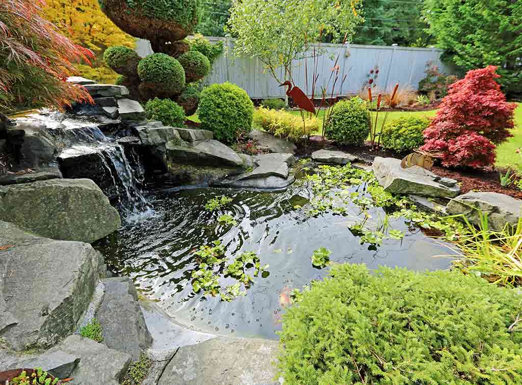 Tranquil waterfall in large garden