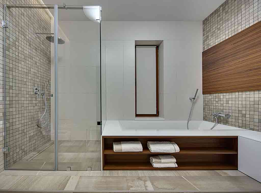 Wooden bath panel with shelves