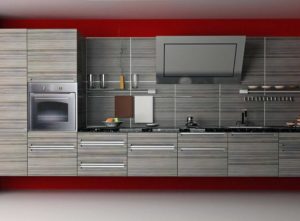 Kitchen with laminated cabinets and splashbacks