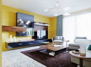 A white room with a yellow feature wall - cheap painted feature wall ideas