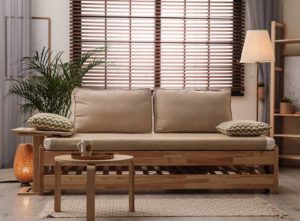 Cheap window blind ideas: Brown shutters in modern living room