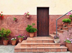 Terracotta tiles on steps in front of a wooden door