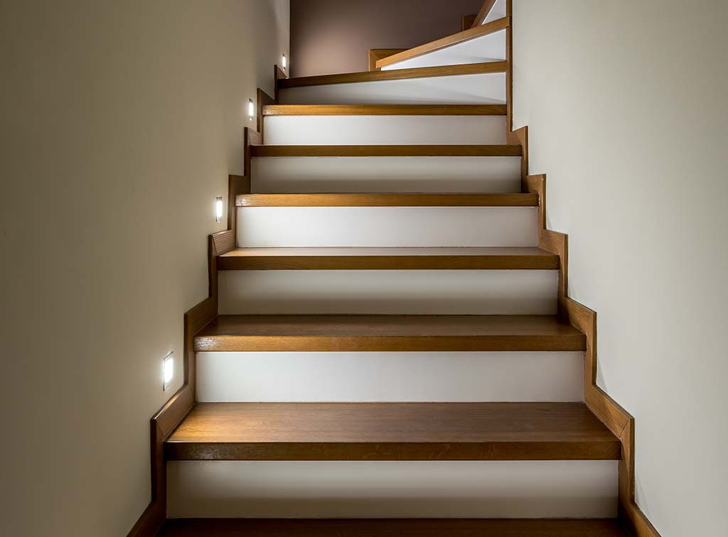 illuminated wooden staircase