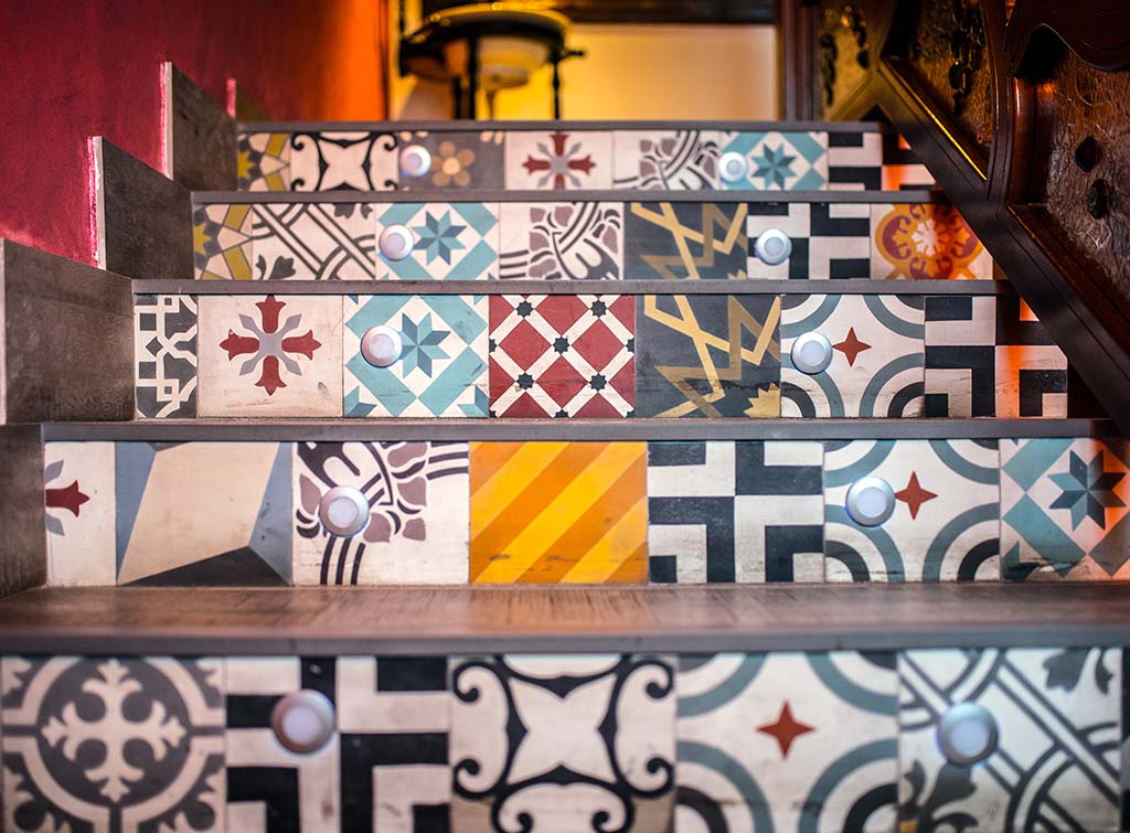 coloured ceramic tiles on stairs