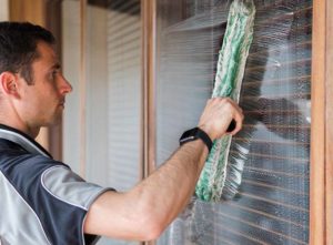 Domestic window cleaner cleaning a window