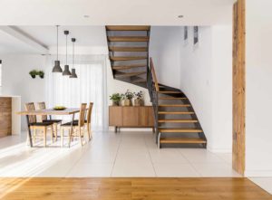Wood and metal half-landing stairs
