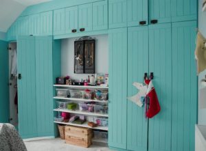 A teal fitted wardrobe