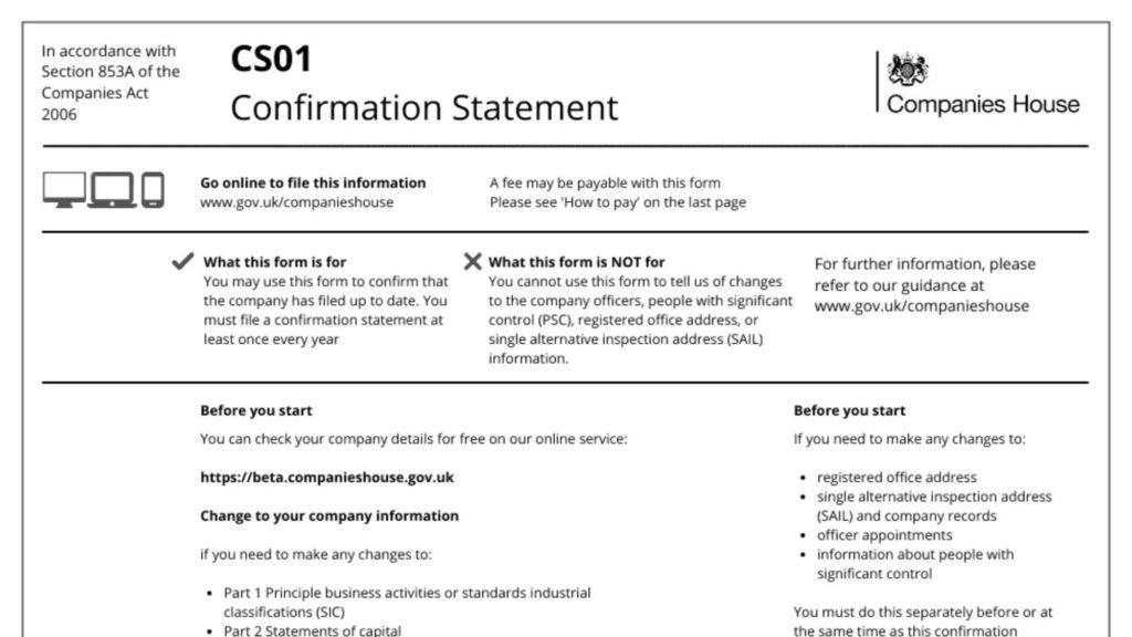 Image of a confirmation statement on companies house gov.uk