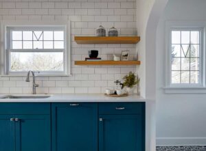 Painted kitchen worktop with contrasting cabinets