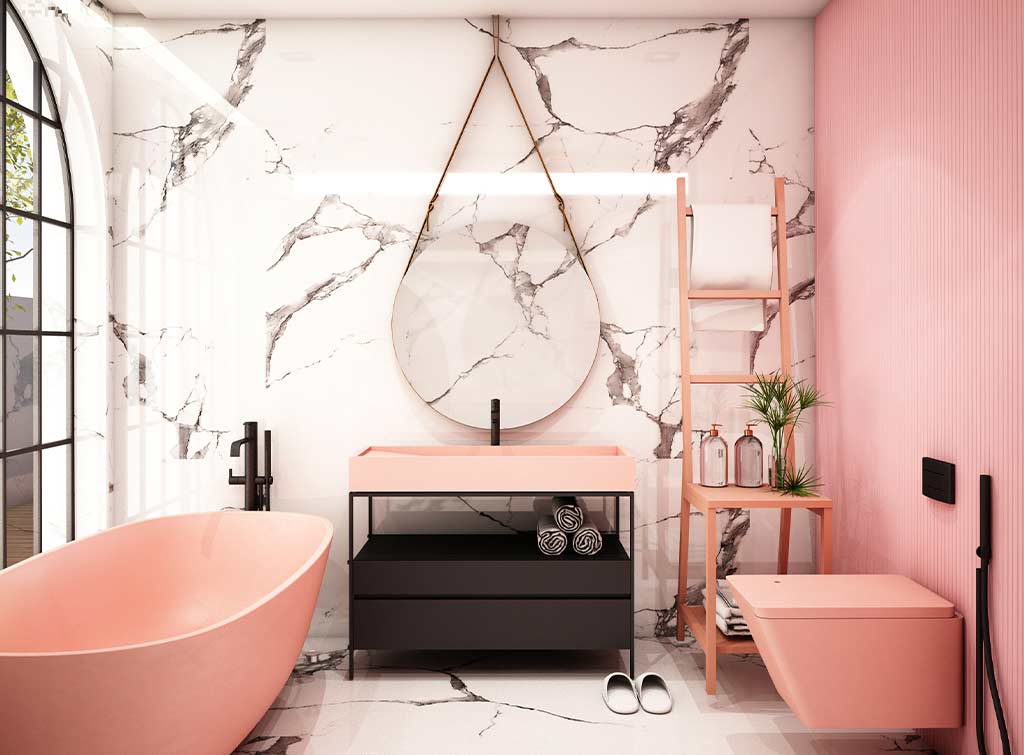 think pink in small bathroom aesthetic ideas