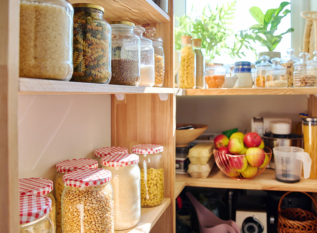 old jam jars as pantry storage