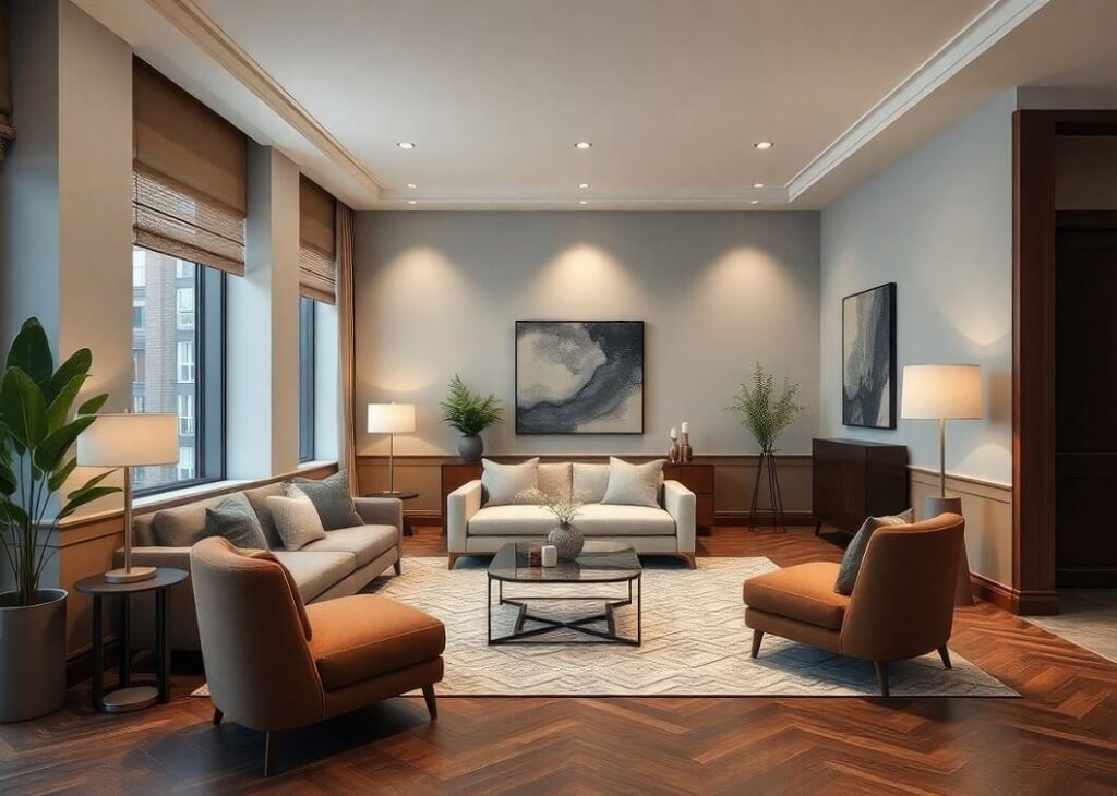 A living area decorated with half of wall in a mocha mousse shade
