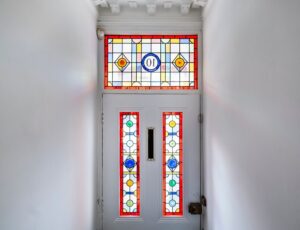 Inside of a front door with stained glass features